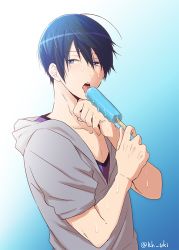 Rule 34 | 10s, 1boy, black hair, blue background, blue eyes, blush, eyebrows, free!, gradient background, half-closed eyes, hato yu-ki, hood, hoodie, licking, male focus, nanase haruka (free!), open mouth, sexually suggestive, short hair, simple background, solo, sweat, tongue, tongue out, twitter username