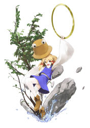 Rule 34 | 1girl, :d, blonde hair, boots, brown eyes, chakram, female focus, full body, hair ribbon, hat, unworn hat, unworn headwear, hoop, iron ring, isegawa yasutaka, jewelry, md5 mismatch, moriya&#039;s iron rings, moriya suwako, nature, open mouth, outstretched arms, plant, resolution mismatch, ribbon, ring, rock, short hair, simple background, sleeves past wrists, smile, solo, source larger, spread arms, thighhighs, touhou, tree, water, weapon, white background, white thighhighs, wide sleeves, zettai ryouiki