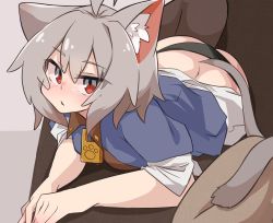 Rule 34 | 1girl, ahoge, animal ear fluff, animal ears, ass, back, black panties, blue capelet, blush, borrowed character, capelet, cat ears, cat girl, cat tail, commentary request, expressionless, full body, grey hair, hair between eyes, highres, looking at viewer, minuko (kusiyan), no pants, original, panties, paw print, red eyes, shirt, short hair, solo, tail, underwear, white shirt, yayuyoyayuyo