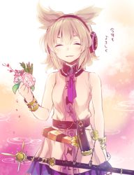 Rule 34 | 1girl, ^ ^, bare shoulders, belt, blush, bracelet, breasts, brown hair, cowboy shot, earmuffs, closed eyes, flower, hair between eyes, jewelry, looking at viewer, makuwauri, neck ribbon, parted lips, pointy hair, purple skirt, ribbon, scabbard, sheath, sheathed, shirt, short hair, skirt, sleeveless, sleeveless shirt, small breasts, smile, solo, sword, touhou, toyosatomimi no miko, weapon