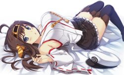Rule 34 | 10s, 1girl, :o, bad id, bad pixiv id, black thighhighs, blue eyes, boots, brown hair, chestnut mouth, detached sleeves, frilled skirt, frills, hat, headgear, kantai collection, knees together feet apart, kongou (kancolle), looking at viewer, lying, nontraditional miko, on back, peach88, peaked cap, ribbon-trimmed sleeves, ribbon trim, skirt, solo, thigh boots, thighhighs