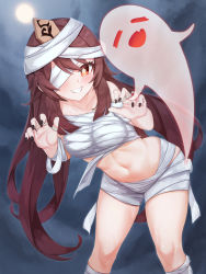 Rule 34 | 1girl, bandage over one eye, bandages, bent over, black nails, blush, breasts, brown eyes, brown hair, chest sarashi, chinese commentary, collarbone, commentary request, fang, feet out of frame, flower-shaped pupils, genshin impact, ghost, grin, halloween, highres, hu tao (genshin impact), jewelry, knees, kurotsubete, large breasts, long hair, looking at viewer, moon, mummification, mummy costume, nail polish, navel, ring, sarashi, sidelocks, smile, solo, standing, stomach, symbol-shaped pupils, teeth, thighs, two side up, upper body