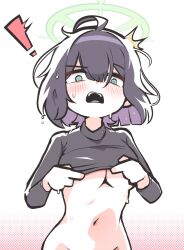 Rule 34 | !, 1girl, ahoge, black shirt, blue archive, bottomless, breasts, green eyes, halo, highres, large breasts, looking at viewer, navel, out-of-frame censoring, purple hair, saki (blue archive), shirt, shoeguy, short hair, solo, surprised, sweat, underboob, undressing