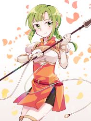 Rule 34 | 1girl, armor, bad id, bad twitter id, breastplate, fire emblem, fire emblem: the sacred stones, green hair, headband, highres, holding, holding polearm, holding spear, holding weapon, looking at viewer, nintendo, pauldrons, petals, polearm, ponytail, shoulder armor, smile, solo, spear, sushitarou, vanessa (fire emblem), weapon, white armor