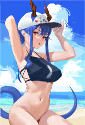 Rule 34 | 1girl, 1s44c, :o, absurdres, arknights, armpits, arms up, baseball cap, bikini, bikini top only, black bikini, blue hair, blush, bottomless, breasts, ch&#039;en (arknights), ch'en (arknights), clothes writing, cloud, day, dragon girl, dragon horns, dragon tail, female tourist c (arknights), hat, highres, horns, horns through headwear, looking at viewer, medium breasts, navel, ocean, official alternate costume, open mouth, outdoors, red eyes, short hair with long locks, sidelocks, solo, stomach, swimsuit, tail, unfinished, white hat