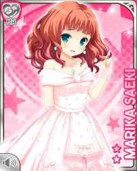 Rule 34 | 1girl, bare shoulders, bow, character name, collarbone, dress, earrings, girlfriend (kari), green eyes, hair bow, twirling hair, jewelry, medium hair, necklace, official art, open mouth, pink background, qp:flapper, red hair, saeki marika, shy, smile, standing, tagme, wavy hair, wedding dress, white bow