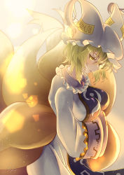 Rule 34 | 1girl, absurdres, animal ears, animal hat, blonde hair, bloom, blurry, breasts, depth of field, dress, fox ears, fox tail, from side, gold trim, grey background, hat, highres, large breasts, lens flare, light blush, light smile, mob cap, multiple tails, mob cap, profile, simple background, solo, tabard, tail, totomiya, touhou, upper body, white dress, yakumo ran, yellow eyes