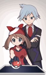 Rule 34 | 1boy, 1girl, bandana, black gloves, black jacket, black pants, blue hair, brown hair, closed mouth, collarbone, creatures (company), crossed arms, game freak, gloves, grey eyes, highres, holding, holding poke ball, jacket, jewelry, long sleeves, looking at object, may (pokemon), medium hair, necktie, nintendo, pants, poke ball, poke ball (basic), pokemon, pokemon rse, red bandana, red necktie, red shirt, ring, shirt, short hair, short sleeves, smile, steven stone, table, v-shaped eyebrows, white shirt, wing collar, yuihico
