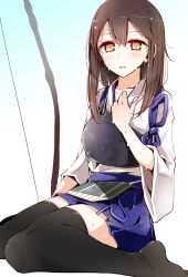 Rule 34 | 10s, 1girl, archery, bad id, bad pixiv id, black thighhighs, blush, breasts, brown eyes, brown hair, feet, hair down, highres, japanese clothes, kaga (kancolle), kantai collection, kyuudou, long hair, muneate, oouso, open mouth, personification, short hair, side ponytail, sitting, skirt, solo, sweat, thighhighs, wariza