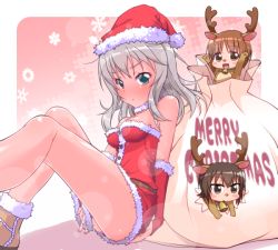 Rule 34 | 10s, animal costume, bag, bell, blush, blush stickers, boots, breasts, brown eyes, brown footwear, brown hair, chibi, closed mouth, collar, commentary, dress, dress tug, embarrassed, fingerless gloves, from side, girls und panzer, gloves, hat, itsumi erika, k10k, kemonomimi mode, lens flare, long hair, looking at viewer, medium breasts, merry christmas, mini person, minigirl, neck bell, nishizumi maho, nishizumi miho, open mouth, oversized object, red dress, red gloves, red hat, reindeer costume, santa costume, santa hat, short dress, siblings, sisters, sitting, smile, snowflake background, strapless, strapless dress