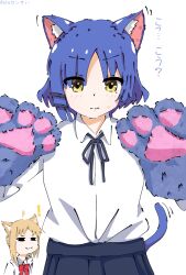 Rule 34 | !, 2girls, :3, animal ear fluff, animal ears, animal hands, blonde hair, blue hair, bocchi the rock!, bow, bowtie, cat ears, cat tail, closed mouth, gloves, hair ornament, hairclip, hands up, highres, ijichi nijika, kemonomimi mode, koto-sensei, looking at viewer, mole, mole under eye, multiple girls, neck ribbon, paw gloves, paw pose, red bow, red bowtie, ribbon, school uniform, shirt, short hair, simple background, smile, smug, tail, translation request, white background, white shirt, yamada ryo, yellow eyes