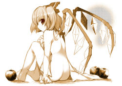 Rule 34 | 1girl, amanooni touri, apple, ass, bad id, bad pixiv id, barefoot, blonde hair, female focus, flandre scarlet, food, fruit, looking back, monochrome, nude, ponytail, red eyes, sepia, short hair, side ponytail, sitting, sketch, solo, touhou, wings