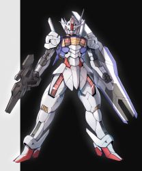 Rule 34 | beam rifle, black background, blue eyes, commentary, energy gun, full body, gun, gundam, gundam aerial, gundam suisei no majo, highres, holding, holding gun, holding weapon, looking at viewer, mecha, mobile suit, no humans, robot, science fiction, shield, solo, standing, takahashi masaki, two-tone background, v-fin, weapon, white background
