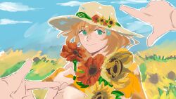 Rule 34 | 1girl, absurdres, aqua eyes, blue sky, brown hair, closed mouth, cloud, commentary, crossed bangs, english commentary, field, finger frame, flower, flower field, hair ornament, hat, highres, hinoshita kaho, holding, holding flower, kepitingtiga, link! like! love live!, looking at viewer, love live!, medium hair, orange shirt, pov, pov hands, rabbit hair ornament, shirt, short sleeves, sky, smile, solo focus, straw hat, sunflower, two side up, virtual youtuber