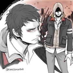 Rule 34 | 1boy, alex mercer, artist name, black hair, blade, himezono rara, hood, jacket, looking at viewer, lowres, male focus, prototype (game), red sky, shaded face, sky, solo
