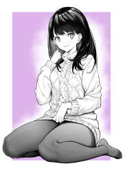 Rule 34 | 1girl, aran sweater, cable knit, commentary request, full body, greyscale with colored background, gridman universe, hand up, highres, long hair, long sleeves, looking at viewer, monochrome, mushi024, pantyhose, parted lips, purple background, sitting, smile, solo, ssss.gridman, sweater, takarada rikka, wariza