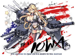 Rule 34 | 10s, 1girl, american flag, bare shoulders, blonde hair, blue eyes, breasts, cannon, cleavage, compass rose, cowboy shot, elbow gloves, english text, fingerless gloves, front-tie top, garter straps, gloves, headgear, huge breasts, iowa (kancolle), kantai collection, long hair, looking at viewer, machinery, miniskirt, ms06s, navel, open mouth, salute, skirt, smile, solo, star-shaped pupils, star (symbol), striped clothes, striped thighhighs, symbol-shaped pupils, thighhighs, vertical-striped clothes, vertical-striped thighhighs, zettai ryouiki