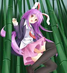 Rule 34 | 1girl, animal ears, bad id, bad pixiv id, bamboo, bamboo forest, black thighhighs, blazer, blush, forest, jacket, long hair, nature, necktie, purple hair, rabbit ears, red eyes, reisen udongein inaba, ro-ichi, skirt, solo, thighhighs, touhou, very long hair
