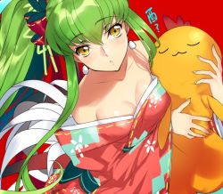 Rule 34 | 1girl, :3, :o, alternate costume, bare shoulders, bow, breasts, c.c., cheese-kun, cleavage, code geass, creayus, earrings, from above, green hair, hair bow, holding, japanese clothes, jewelry, kemonomimi mode, kimono, long hair, long sleeves, looking at viewer, looking up, medium breasts, off shoulder, open mouth, ponytail, red background, red bow, red kimono, ribbon, ribbon-trimmed sleeves, ribbon trim, rooster tail, sash, shiny skin, sidelocks, simple background, stuffed toy, translated, upper body, very long hair, wide sleeves, yellow eyes, yellow ribbon