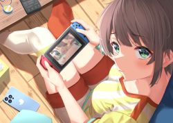 Rule 34 | 1girl, absurdres, aqua eyes, asymmetrical legwear, bird, blush, breasts, brown hair, cellphone, duck, from above, from behind, green eyes, highres, hololive, logo parody, looking at viewer, looking back, looking up, medium breasts, mismatched legwear, nape, nintendo, nintendo switch, nose, on floor, oozora subaru, oozora subaru (1st costume), phone, revision, shirt, short hair, short shorts, shorts, sitting, smartphone, solo, starkamisan, striped clothes, striped shirt, swept bangs, thighhighs, tissue box, v-neck, vertical-striped clothes, vertical-striped shirt, virtual youtuber, wooden floor