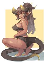 Rule 34 | 1girl, ass, black bra, black panties, bra, breasts, brown hair, closed mouth, clothing cutout, commentary, dark-skinned female, dark skin, english commentary, from behind, frontal wedgie, full body, gradient horns, gradient tail, highres, horns, large breasts, long hair, looking at viewer, looking back, multicolored hair, multicolored horns, nail polish, original, panties, pointy ears, ponytail, sharp toenails, solo, spikes, squatting, tail, tail through clothes, toenail polish, toenails, underwear, vins-mousseux, wedgie, yellow background, yellow eyes
