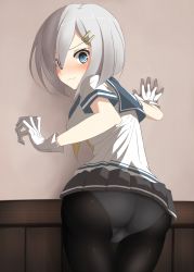 Rule 34 | 10s, 1girl, against wall, ass, black pantyhose, blue eyes, blush, breasts, from behind, gloves, hair ornament, hairclip, hamakaze (kancolle), highres, kantai collection, looking at viewer, looking back, panties, panties over pantyhose, pantyhose, pantyshot, personification, school uniform, short hair, sideboob, silver hair, skirt, solo, underwear, upskirt