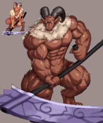 Rule 34 | 1boy, abs, arka (arkalpha), baphomet, baphomet (ragnarok online), bara, brown fur, character sheet, colored sclera, feet out of frame, fingernails, furry, furry male, goat horns, grey background, highres, holding, holding scythe, hooves, horns, large pectorals, male focus, monster, muscular, muscular male, neck fur, pectorals, pixel art inset, pointy ears, ragnarok online, scythe, sharp fingernails, simple background, slit pupils, solo, thick arms, thick thighs, thighs, two-tone fur, yellow sclera