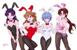 Rule 34 | 2023, 4girls, absurdres, alternate costume, animal ears, ass, ayanami rei, bare shoulders, black bow, black bowtie, black leotard, blue eyes, blue hair, bow, bowtie, breasts, brown eyes, brown hair, chinese zodiac, cleavage, commentary request, dated, detached collar, fake animal ears, fake tail, female focus, glasses, hairband, hand on own hip, highres, katsuragi misato, leotard, long hair, looking at viewer, makinami mari illustrious, medium breasts, multiple girls, neon genesis evangelion, one eye closed, open mouth, pantyhose, pink leotard, playboy bunny, purple hair, rabbit ears, rabbit tail, rebuild of evangelion, red bow, red bowtie, red eyes, red leotard, short hair, signature, smile, souryuu asuka langley, strapless, strapless leotard, tail, tsunemoku, twintails, white background, white leotard, wink, wrist cuffs, year of the rabbit