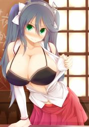Rule 34 | 10s, 1girl, arm support, bare shoulders, black bra, blue hair, blush, bra, breasts, cleavage, collarbone, detached sleeves, facominn, female focus, full-face blush, green eyes, hair ornament, hair ribbon, highres, huge breasts, indoors, isuzu (kancolle), kantai collection, long hair, long twintails, looking at viewer, navel, open clothes, open shirt, ribbon, school uniform, shirt, skirt, smile, solo, sweat, tears, twintails, underwear, window