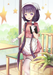 Rule 34 | 1girl, apron, blend s, blunt bangs, blush, bush, chain, commentary request, day, frilled apron, frills, gloves, hair ornament, hair over shoulder, holding, indoors, long hair, looking at viewer, low twintails, parted lips, pink shirt, pink skirt, plant, potted plant, purple eyes, purple hair, sakuranomiya maika, shirt, short sleeves, skirt, smile, solo, star (symbol), table, thighhighs, twintails, uniform, very long hair, waist apron, waitress, white apron, white gloves, white thighhighs, xiaosan ye