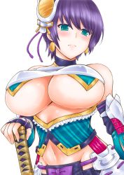 Rule 34 | 1girl, alternate hair color, aqua eyes, bare shoulders, breasts, detached sleeves, hair ornament, honeybump, huge breasts, looking down, midriff, navel, oshiro project:re, purple hair, sakado (oshiro project), short hair, solo, sword, underboob, weapon, white background