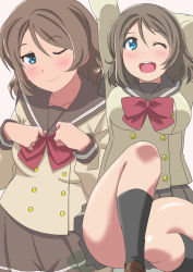 Rule 34 | 1girl, ;), absurdres, aqua eyes, arm over head, artist name, artist request, bare legs, black legwear, blue eyes, blush, bow, bowtie, breasts, brown footwear, brown hair, buttons, clenched hands, collarbone, collared shirt, female focus, grey hair, grey sailor collar, grey skirt, hair between eyes, hands over head, highres, knee up, light brown hair, long sleeves, looking at viewer, love live!, love live! sunshine!!, medium breasts, miniskirt, one eye closed, parted lips, plaid, plaid skirt, pleated, pleated skirt, red bow, red bowtie, sailor collar, school uniform, shirt, shoes, short hair, skirt, smile, solo, uranohoshi school uniform, watanabe you, white background, white shirt, yellow buttons