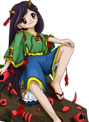 Rule 34 | 1girl, barefoot, black hair, blue shorts, blush stickers, closed mouth, green shirt, horns, long hair, nippaku zanmu, non-web source, official art, oni horns, red eyes, shirt, short sleeves, shorts, smile, solo, touhou, transparent background, unfinished dream of all living ghost, zun (artist)