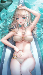 Rule 34 | 1girl, :d, absurdres, arm up, bare arms, bare shoulders, bikini, blue eyes, blue hair, blue nails, blush, breasts, cleavage, collarbone, commentary, earrings, english commentary, fang, fish, hair ornament, hand on own stomach, highres, jewelry, knee up, large breasts, long hair, looking at viewer, lying, multicolored hair, nail polish, o-ring, o-ring bikini, o-ring bottom, on back, open mouth, original, shark, signature, smile, solo, strapless, strapless bikini, streaked hair, surfboard, swimsuit, water, white bikini, white hair, wol (wol 927), x hair ornament