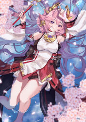 Rule 34 | 1girl, absurdres, animal ears, arm up, bare legs, bare shoulders, blurry, blurry foreground, cherry blossoms, closed mouth, detached sleeves, earrings, feet out of frame, floppy ears, floral print, flower knot, fox ears, fox shadow puppet, from above, genshin impact, gohei, hair ornament, highres, holding, holding gohei, jewelry, long hair, long sleeves, looking at viewer, lying, lying on water, nontraditional miko, on back, petals, pink hair, purple eyes, red skirt, ribbon trim, shirt, skirt, sleeveless, sleeveless shirt, smile, solo, tassel, thighs, turtleneck, very long hair, wanatsu 15, water, white shirt, white sleeves, wide sleeves, yae miko