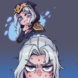 Rule 34 | 2girls, annoyed, ashe (league of legends), black cape, blue background, blue eyes, blush, breasts, cape, cleavage, grey background, grey hair, grin, hair bun, hand up, hood, hood up, hooded cape, league of legends, long sleeves, looking at another, medium hair, messy hair, multiple girls, phantom ix row, sejuani, single hair bun, small breasts, smile, sweat, teeth, v-shaped eyebrows