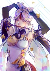 Rule 34 | 1girl, absurdres, adjusting hair, detached sleeves, genshin impact, hair ornament, hair stick, hairpin, highres, in mouth, leaf, long hair, mouth hold, ningguang (genshin impact), red eyes, signature, solo, white background, white hair, zephyrine-gale
