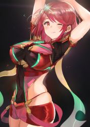 Rule 34 | 1girl, absurdres, arms up, black background, breasts, covered navel, earrings, glowing, groin, headpiece, highres, jewelry, large breasts, looking at viewer, nintendo, one eye closed, orange eyes, ormille, pyra (xenoblade), red hair, red shorts, short hair, shorts, skindentation, smile, solo, swept bangs, tiara, xenoblade chronicles (series), xenoblade chronicles 2