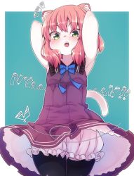 Rule 34 | 1girl, animal ears, armpits, arms behind head, arms up, black pantyhose, bloomers, blush, brown hair, cat ears, cat tail, dress, furry, furry female, green eyes, highres, open mouth, original, pantyhose, purple dress, short hair, sleeveless, sleeveless dress, solo, tail, underwear, wind, wind lift, yuuki (yuyuki000)