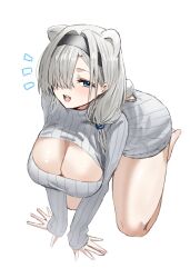 Rule 34 | 1girl, all fours, alternate costume, animal ears, arknights, aurora (arknights), bare legs, barefoot, bear ears, bear girl, black hairband, blue eyes, breasts, cleavage cutout, clothing cutout, commentary, fangs, grey hair, grey sweater, hair over one eye, hairband, highres, horn/wood, large breasts, long sleeves, looking at viewer, low ponytail, medium hair, no pants, open mouth, parted bangs, ribbed sweater, smile, solo, sweater, teeth, upper teeth only