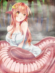 Rule 34 | 1girl, bare shoulders, blush, forest, lamia, long hair, miia (monster musume), monster girl, monster musume no iru nichijou, naked towel, nature, pointy ears, red hair, solo, towel, yellow eyes