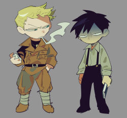 Rule 34 | 2boys, apios, aqua eyes, arms at sides, bandaged neck, bandages, belt, black eyes, black pants, black shirt, blonde hair, book, breast pocket, brown hair, brown jacket, brown pants, character request, chibi, chibi only, cigarette, collared shirt, constricted pupils, copyright request, dog tags, forehead, full body, grey background, grey shirt, half-closed eyes, hand in pocket, hand up, holding, holding book, holding lighter, jacket, lighter, long sleeves, looking at another, male focus, military uniform, mouth hold, multiple boys, pants, parted lips, pocket, shirt, short hair, simple background, smoke, smoking, standing, suspenders, turn pale, uniform, v-shaped eyebrows