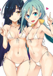 Rule 34 | 10s, 2girls, absurdres, ahoge, aqua eyes, arm around waist, bikini, black hair, breasts, cameltoe, collarbone, contrapposto, detexted, front-tie bikini top, front-tie top, gluteal fold, green hair, groin, hair between eyes, hair over one eye, hair ribbon, hand on another&#039;s hip, hayashimo (kancolle), heart, highres, kantai collection, kiyoshimo (kancolle), long hair, looking at viewer, medium breasts, micro bikini, multiple girls, navel, open mouth, ponytail, ribbon, scan, side-tie bikini bottom, simple background, small breasts, smile, standing, stomach, swimsuit, takaharu, thigh gap, third-party edit, v, very long hair, white background, white bikini, yellow eyes
