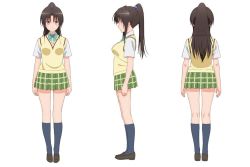 Rule 34 | female focus, green skirt, kujou rin, loafers, long hair, official art, ponytail, school uniform, shoes, short sleeves, simple background, skirt, to love-ru, white background