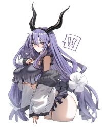 Rule 34 | !, !!, 1girl, alternate costume, arknights, bare shoulders, bikini, black bikini, black horns, blush, breasts, closed mouth, commentary request, fake horns, flower, hair between eyes, hair flower, hair ornament, highres, horn/wood, horns, jacket, large breasts, long hair, long sleeves, looking at viewer, nose blush, off shoulder, puffy long sleeves, puffy sleeves, purple eyes, purple hair, red eyes, simple background, solo, spoken exclamation mark, swimsuit, typhon (arknights), underboob, upper body, very long hair, white background, white flower, white jacket
