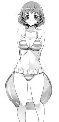 Rule 34 | 1girl, arms behind back, bikini, blush, bob cut, breasts, cleavage, closed mouth, collarbone, commentary, greyscale, highres, hip focus, holding, innertube, looking at viewer, medium breasts, monochrome, nagayori, navel, original, short hair, simple background, smile, solo, standing, striped bikini, striped clothes, swim ring, swimsuit, thighs