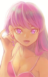 Rule 34 | 1girl, :d, backlighting, breasts, cleavage, collarbone, earrings, jewelry, jj (ssspulse), kirakira precure a la mode, kotozume yukari, long hair, looking at viewer, medium breasts, nail polish, open mouth, pink eyes, pink hair, precure, purple nails, simple background, smile, solo, swept bangs, upper body, white background