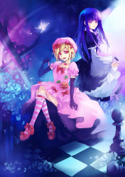 Rule 34 | 2girls, blonde hair, blue hair, board game, bow, bug, butterfly, cat tail, checkered floor, chess, chess piece, cross, dress, elbow gloves, floor, flower, frederica bernkastel, gloves, hair bow, hair ornament, hairclip, hat, highres, insect, jewelry, lambdadelta, multiple girls, necklace, nix (artist), pink eyes, pink hat, purple eyes, rose, short hair, tail, umineko no naku koro ni