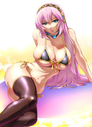 Rule 34 | 1girl, arm support, bikini, blue eyes, breasts, front-tie top, huge breasts, jewelry, long hair, lying, megurine luka, naughty face, necklace, on side, pink hair, side-tie bikini bottom, skindentation, solo, swimsuit, thighhighs, ueyama michirou, vocaloid