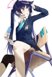 Rule 34 | 1girl, absurdres, animal ears, black skirt, blue archive, blue hair, blue jacket, blue necktie, blush, cat ears, chair, collared shirt, fang, food, from below, gohanduck, halo, headset, highres, holding, holding food, jacket, long hair, long sleeves, microphone, miniskirt, necktie, open mouth, plaid, plaid skirt, pleated skirt, popsicle, red eyes, school uniform, serika (blue archive), shirt, simple background, sitting, skin fang, skirt, solo, sweatdrop, twintails, very long hair, white background, white shirt, wing collar